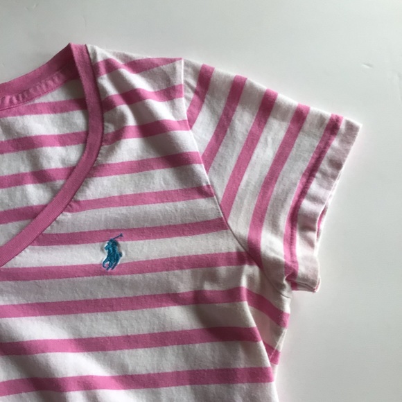 RALPH LAUREN POLO PONY V NECK STRIPED TEE SHIRT MEDIUM - Picture 7 of 11
